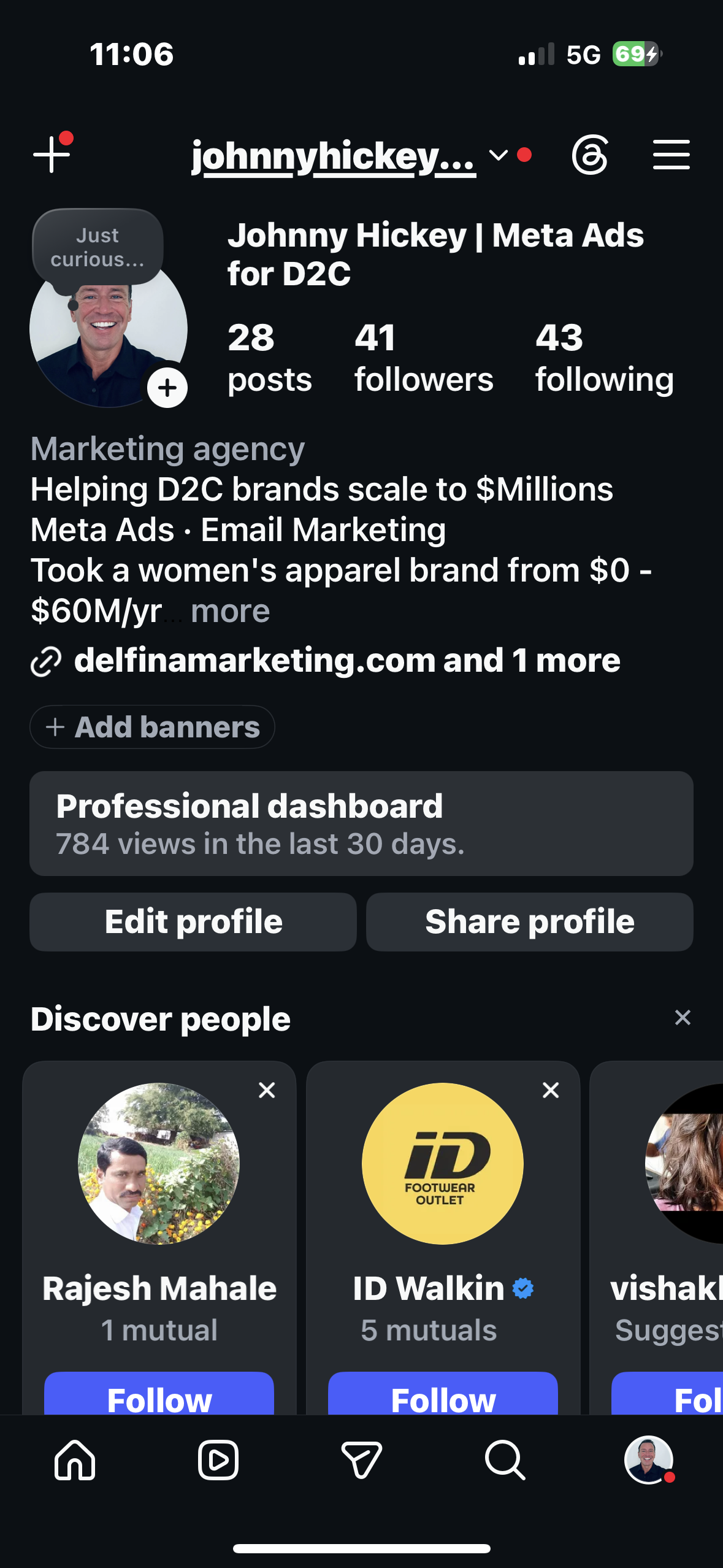 Screenshot showing Johnny Hickey's first 41 followers
